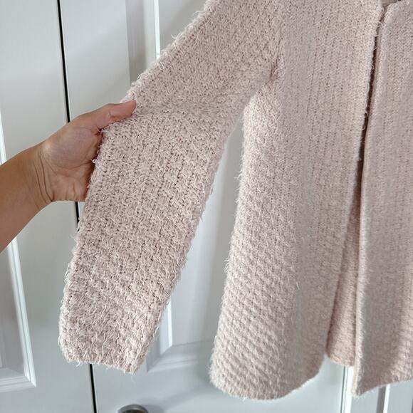 ADRIANNA PAPELL Blush Pink Open Front Clasp Fuzzy Knit Cardigan Sweater | Large - Picture 8 of 9